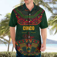 Green Hawaiian shirt front with colorful folk panel and 'Cinco de Mayo' center graphic