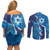Personalized Israel Yom Ha'atzmaut Couples Matching Off Shoulder Short Dress and Long Sleeve Button Shirt Star of David Grunge Style