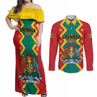 Personalized Grenada 1974 Couples Matching Off Shoulder Maxi Dress and Long Sleeve Button Shirt Proud To Be Grenadian
