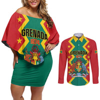Personalized Grenada 1974 Couples Matching Off Shoulder Short Dress and Long Sleeve Button Shirt Proud To Be Grenadian