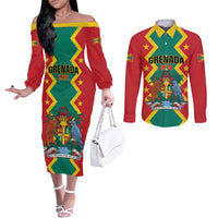 Personalized Grenada 1974 Couples Matching Off The Shoulder Long Sleeve Dress and Long Sleeve Button Shirt Proud To Be Grenadian