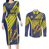 Custom Barbados Football Couples Matching Long Sleeve Bodycon Dress and Long Sleeve Button Shirt Go Champions Bajan Tridents