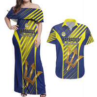 Custom Barbados Football Couples Matching Off Shoulder Maxi Dress and Hawaiian Shirt Go Champions Bajan Tridents