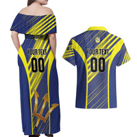 Custom Barbados Football Couples Matching Off Shoulder Maxi Dress and Hawaiian Shirt Go Champions Bajan Tridents