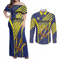 Custom Barbados Football Couples Matching Off Shoulder Maxi Dress and Long Sleeve Button Shirt Go Champions Bajan Tridents