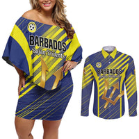 Custom Barbados Football Couples Matching Off Shoulder Short Dress and Long Sleeve Button Shirt Go Champions Bajan Tridents