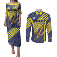 Custom Barbados Football Couples Matching Puletasi and Long Sleeve Button Shirt Go Champions Bajan Tridents