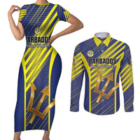 Custom Barbados Football Couples Matching Short Sleeve Bodycon Dress and Long Sleeve Button Shirt Go Champions Bajan Tridents