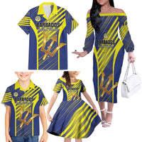 Custom Barbados Football Family Matching Off The Shoulder Long Sleeve Dress and Hawaiian Shirt Go Champions Bajan Tridents