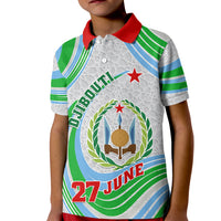 Kids polo shirt, grey with green/blue stripes, red collar, Djibouti emblem and 27 June