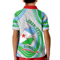Kids polo shirt, grey with green/blue side stripes, red collar, back map and Independence Day