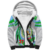 Sherpa hoodie in light grey with hood and green-blue stripe graphic, 27-style emblem
