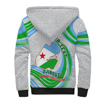 Sherpa hoodie back in light grey with geometric pattern and Djibouti emblem in green and blue