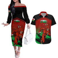Custom Wales Rugby Couples Matching Off The Shoulder Long Sleeve Dress and Hawaiian Shirt Cymru Come On 2023 World Cup - Wonder Print Shop