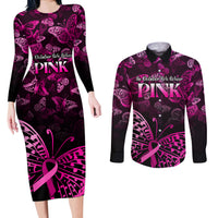 Personalised In October We Wear Pink Couples Matching Long Sleeve Bodycon Dress and Long Sleeve Button Shirts Breast Cancer Awareness - Wonder Print Shop