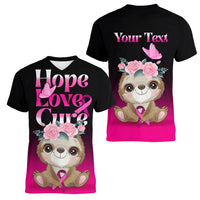 Personalised Hope Love Cure Women V Neck T Shirt Sloth Breast Cancer Awareness - Wonder Print Shop