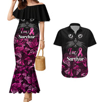 Personalised I Am A Survivor Couples Matching Mermaid Dress and Hawaiian Shirt Black Cat Breast Cancer Awareness - Wonder Print Shop
