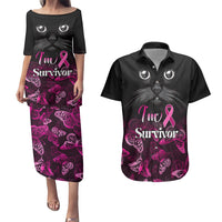 Personalised I Am A Survivor Couples Matching Puletasi Dress and Hawaiian Shirt Black Cat Breast Cancer Awareness - Wonder Print Shop