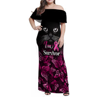 Personalised I Am A Survivor Family Matching Off Shoulder Maxi Dress and Hawaiian Shirt Black Cat Breast Cancer Awareness - Wonder Print Shop