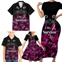Personalised I Am A Survivor Family Matching Short Sleeve Bodycon Dress and Hawaiian Shirt Black Cat Breast Cancer Awareness - Wonder Print Shop