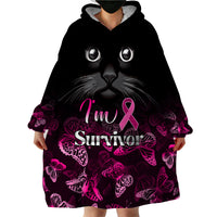 Personalised I Am A Survivor Wearable Blanket Hoodie Black Cat Breast Cancer Awareness - Wonder Print Shop