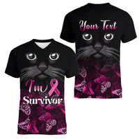 Personalised I Am A Survivor Women V Neck T Shirt Black Cat Breast Cancer Awareness - Wonder Print Shop