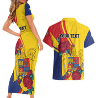 Personalized Romania Independence Day Couples Matching Short Sleeve Bodycon Dress and Hawaiian Shirt Golden Eagle With Roses - Wonder Print Shop