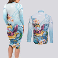 Hawaii Flamingo Couples Matching Long Sleeve Bodycon Dress and Long Sleeve Button Shirt Plumeria Tropical Beach - Wonder Print Shop