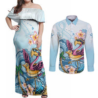 Hawaii Flamingo Couples Matching Off Shoulder Maxi Dress and Long Sleeve Button Shirt Plumeria Tropical Beach - Wonder Print Shop
