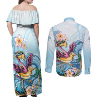Hawaii Flamingo Couples Matching Off Shoulder Maxi Dress and Long Sleeve Button Shirt Plumeria Tropical Beach - Wonder Print Shop