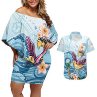 Hawaii Flamingo Couples Matching Off Shoulder Short Dress and Hawaiian Shirt Plumeria Tropical Beach - Wonder Print Shop