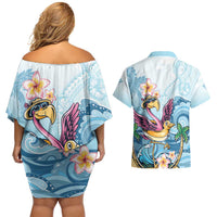 Hawaii Flamingo Couples Matching Off Shoulder Short Dress and Hawaiian Shirt Plumeria Tropical Beach - Wonder Print Shop