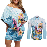 Hawaii Flamingo Couples Matching Off Shoulder Short Dress and Long Sleeve Button Shirt Plumeria Tropical Beach - Wonder Print Shop