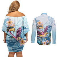 Hawaii Flamingo Couples Matching Off Shoulder Short Dress and Long Sleeve Button Shirt Plumeria Tropical Beach - Wonder Print Shop