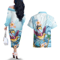 Hawaii Flamingo Couples Matching Off The Shoulder Long Sleeve Dress and Hawaiian Shirt Plumeria Tropical Beach - Wonder Print Shop