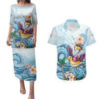 Hawaii Flamingo Couples Matching Puletasi and Hawaiian Shirt Plumeria Tropical Beach - Wonder Print Shop