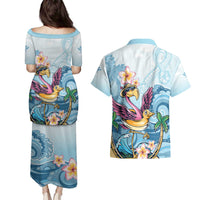 Hawaii Flamingo Couples Matching Puletasi and Hawaiian Shirt Plumeria Tropical Beach - Wonder Print Shop