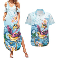 Hawaii Flamingo Couples Matching Summer Maxi Dress and Hawaiian Shirt Plumeria Tropical Beach - Wonder Print Shop
