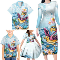 Hawaii Flamingo Family Matching Long Sleeve Bodycon Dress and Hawaiian Shirt Plumeria Tropical Beach - Wonder Print Shop
