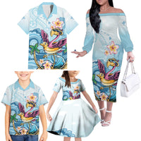 Hawaii Flamingo Family Matching Off The Shoulder Long Sleeve Dress and Hawaiian Shirt Plumeria Tropical Beach - Wonder Print Shop