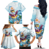 Hawaii Flamingo Family Matching Off The Shoulder Long Sleeve Dress and Hawaiian Shirt Plumeria Tropical Beach - Wonder Print Shop