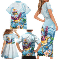 Hawaii Flamingo Family Matching Short Sleeve Bodycon Dress and Hawaiian Shirt Plumeria Tropical Beach - Wonder Print Shop