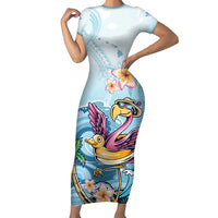 Hawaii Flamingo Family Matching Short Sleeve Bodycon Dress and Hawaiian Shirt Plumeria Tropical Beach - Wonder Print Shop