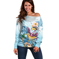 Hawaii Flamingo Off Shoulder Sweater Plumeria Tropical Beach - Wonder Print Shop