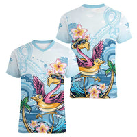 Hawaii Flamingo Women V-Neck T-Shirt Plumeria Tropical Beach - Wonder Print Shop