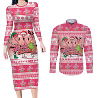 Flamingo Pink Christmas Couples Matching Long Sleeve Bodycon Dress and Long Sleeve Button Shirt Fa La La La Min Go - Wonder Print Shop