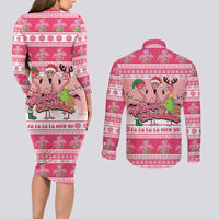 Flamingo Pink Christmas Couples Matching Long Sleeve Bodycon Dress and Long Sleeve Button Shirt Fa La La La Min Go - Wonder Print Shop