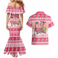Flamingo Pink Christmas Couples Matching Mermaid Dress and Hawaiian Shirt Fa La La La Min Go - Wonder Print Shop