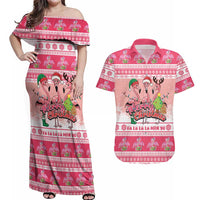 Flamingo Pink Christmas Couples Matching Off Shoulder Maxi Dress and Hawaiian Shirt Fa La La La Min Go - Wonder Print Shop