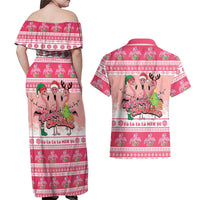 Flamingo Pink Christmas Couples Matching Off Shoulder Maxi Dress and Hawaiian Shirt Fa La La La Min Go - Wonder Print Shop